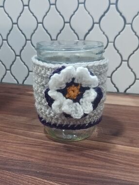 Handmade Gray Crochet Jar Cozy with White Flower Accent
